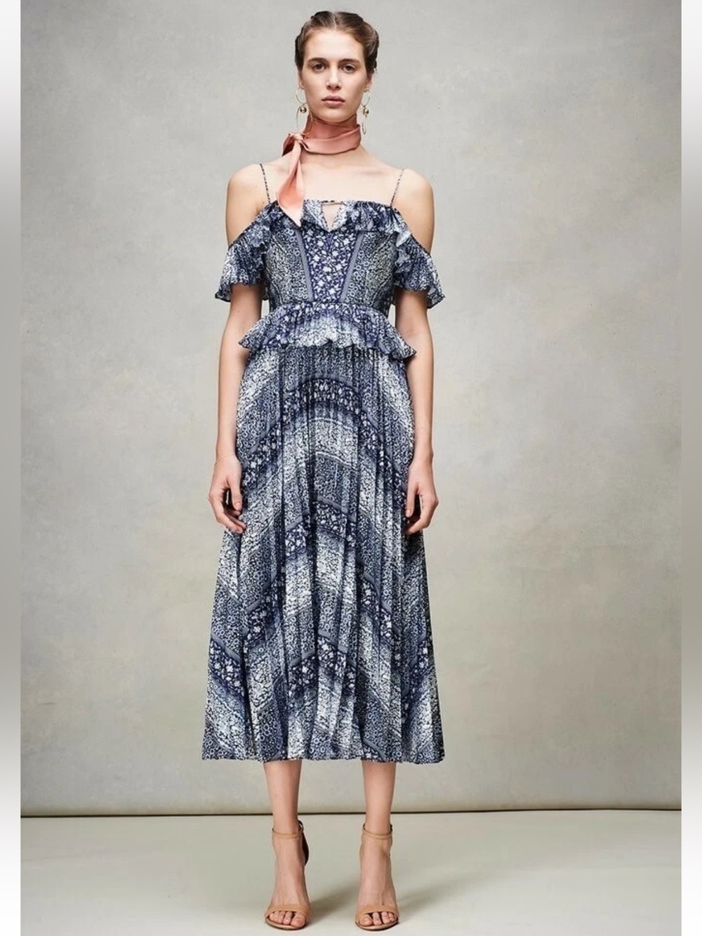 AMUR Women's Ariella Pleated Blue Print Cold-Shoulder Midi Dress size 12
